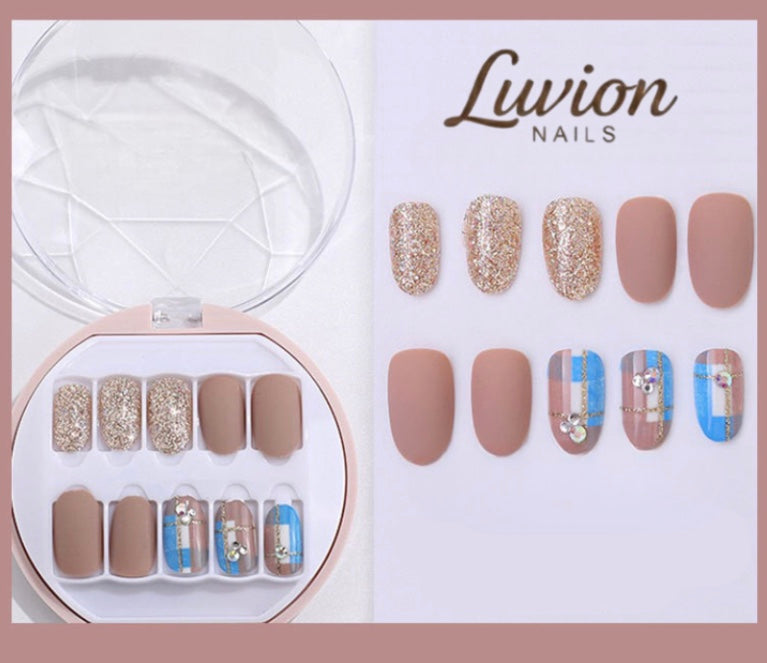 Luvion Nails Premium Press-On Nail Kit – Geometric Azure Art & Champagne Shimmer (30 Pcs)