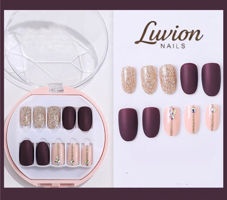 Luvion Nails Premium Press-On Nail Kit – Velvet Plum Matte & Champagne Shimmer (30 Pcs)