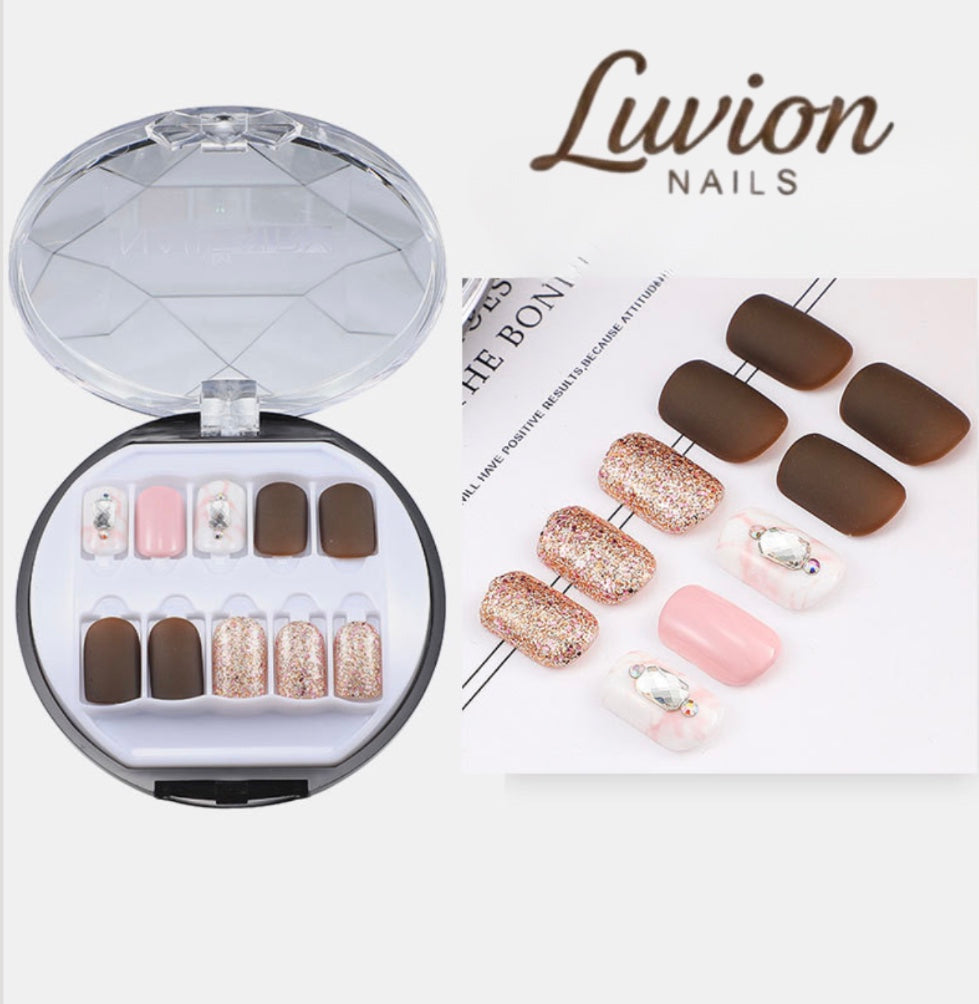 Luvion Nails Designer Series – Velvet Espresso & Rose Quartz Luxury Press-On Nails (24 Pcs)