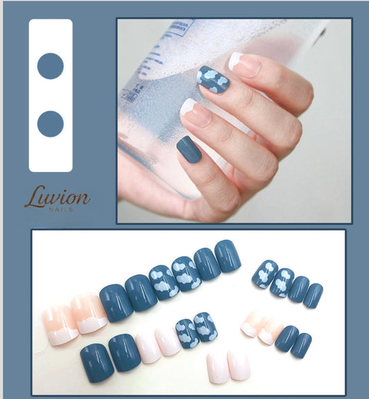 Luvion Nails Designer Series – Slate Blue Cloud & French Ivory Luxury Press-On Nails (24 Pcs)