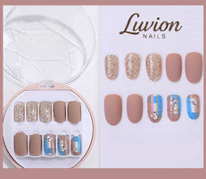 Luvion Nails Premium Press-On Nail Kit – Geometric Azure Art & Champagne Shimmer (30 Pcs)