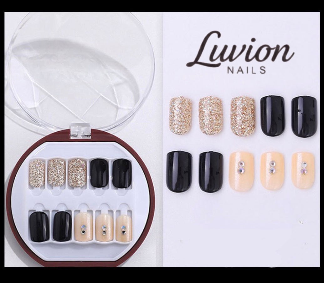 Luvion Nails Designer Series – Midnight Noir & Champagne Sparkle Luxury Press-On Nails (24 Pcs)
