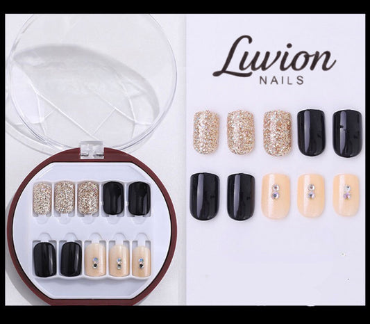 Luvion Nails Designer Series – Midnight Noir & Champagne Sparkle Luxury Press-On Nails (24 Pcs)