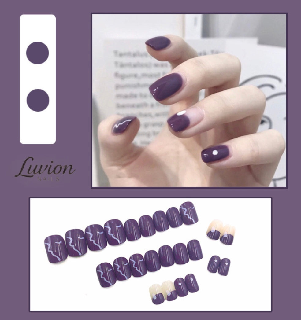 Luvion Nails Designer Series – Deep Grape & Modern Line Art Luxury Press-On Nails (24 Pcs)