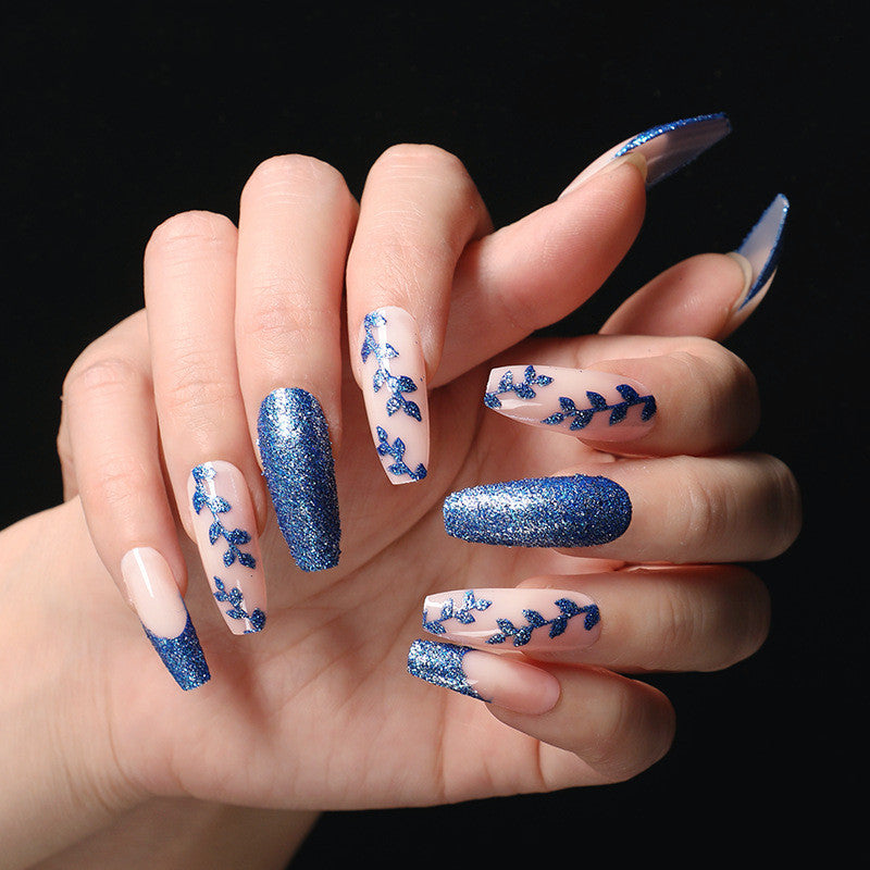 Luvion Nails Premium Press-On Kit – Midnight Sapphire Glitter & Botanical Vine Art (24 Pcs)