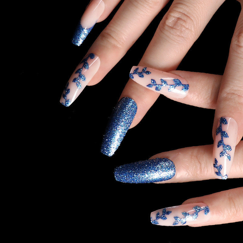 Luvion Nails Premium Press-On Kit – Midnight Sapphire Glitter & Botanical Vine Art (24 Pcs)