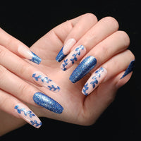 Luvion Nails Premium Press-On Kit – Midnight Sapphire Glitter & Botanical Vine Art (24 Pcs)