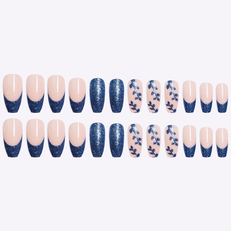 Luvion Nails Premium Press-On Kit – Midnight Sapphire Glitter & Botanical Vine Art (24 Pcs)