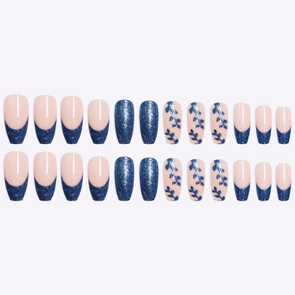 Luvion Nails Premium Press-On Kit – Midnight Sapphire Glitter & Botanical Vine Art (24 Pcs)