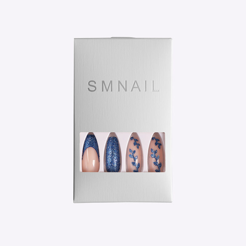 Luvion Nails Premium Press-On Kit – Midnight Sapphire Glitter & Botanical Vine Art (24 Pcs)