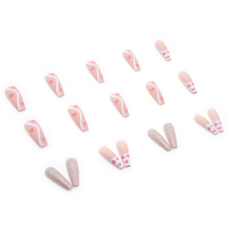 Luvion Nails Premium Press-On Kit – Romantic Pink Hearts & Diamond Shimmer Coffin (24 Pcs)