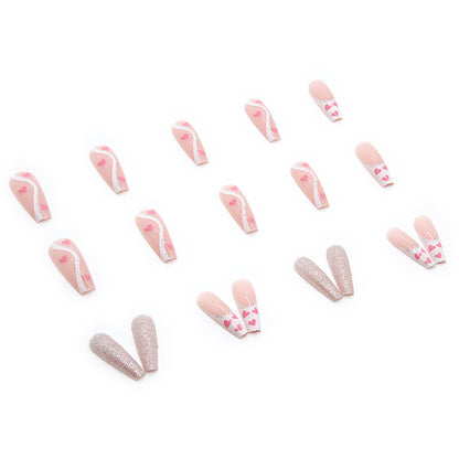 Luvion Nails Premium Press-On Kit – Romantic Pink Hearts & Diamond Shimmer Coffin (24 Pcs)
