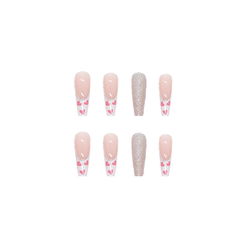 Luvion Nails Premium Press-On Kit – Romantic Pink Hearts & Diamond Shimmer Coffin (24 Pcs)