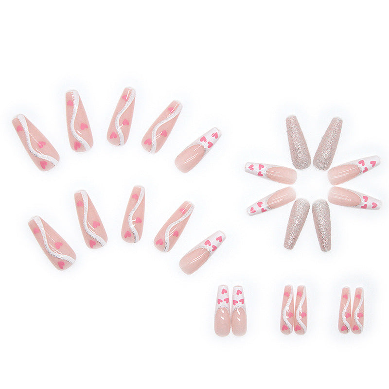 Luvion Nails Premium Press-On Kit – Romantic Pink Hearts & Diamond Shimmer Coffin (24 Pcs)