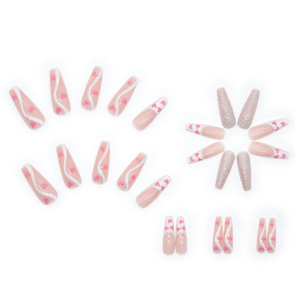 Luvion Nails Premium Press-On Kit – Romantic Pink Hearts & Diamond Shimmer Coffin (24 Pcs)
