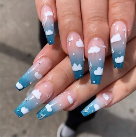 Luvion Nails Premium Press-On Kit – Dreamy Blue Cloud Ombre & Sparkle Accents (24 Pcs)