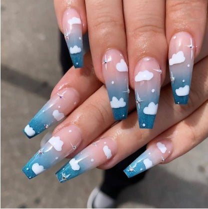 Luvion Nails Premium Press-On Kit – Dreamy Blue Cloud Ombre & Sparkle Accents (24 Pcs)