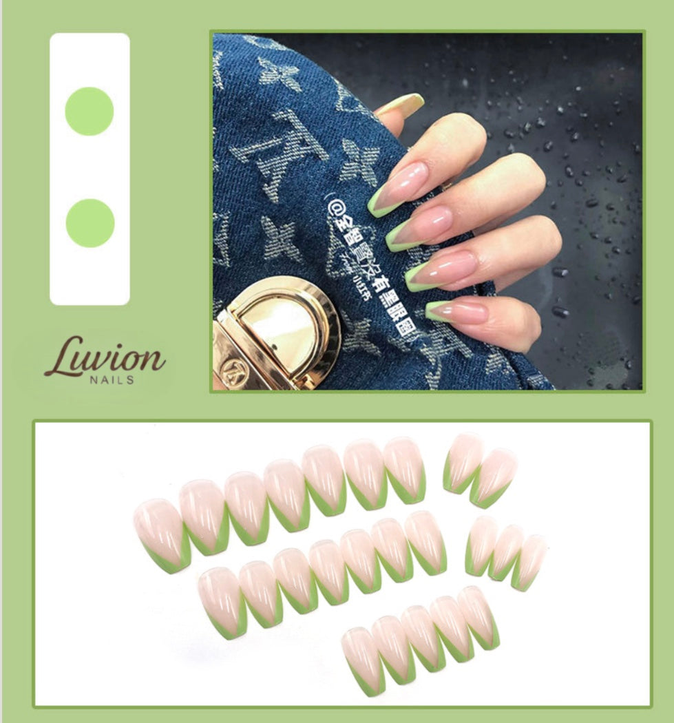 Luvion Nails Designer Series – Matte Matcha V-Tip & Sheer Porcelain Luxury Press-On Nails (24 Pcs)