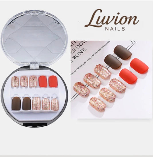 Luvion Nails Premium Press-On Nail Kit – Enchanted Rose Gold Glitter & Crimson Matte (30 Pcs)