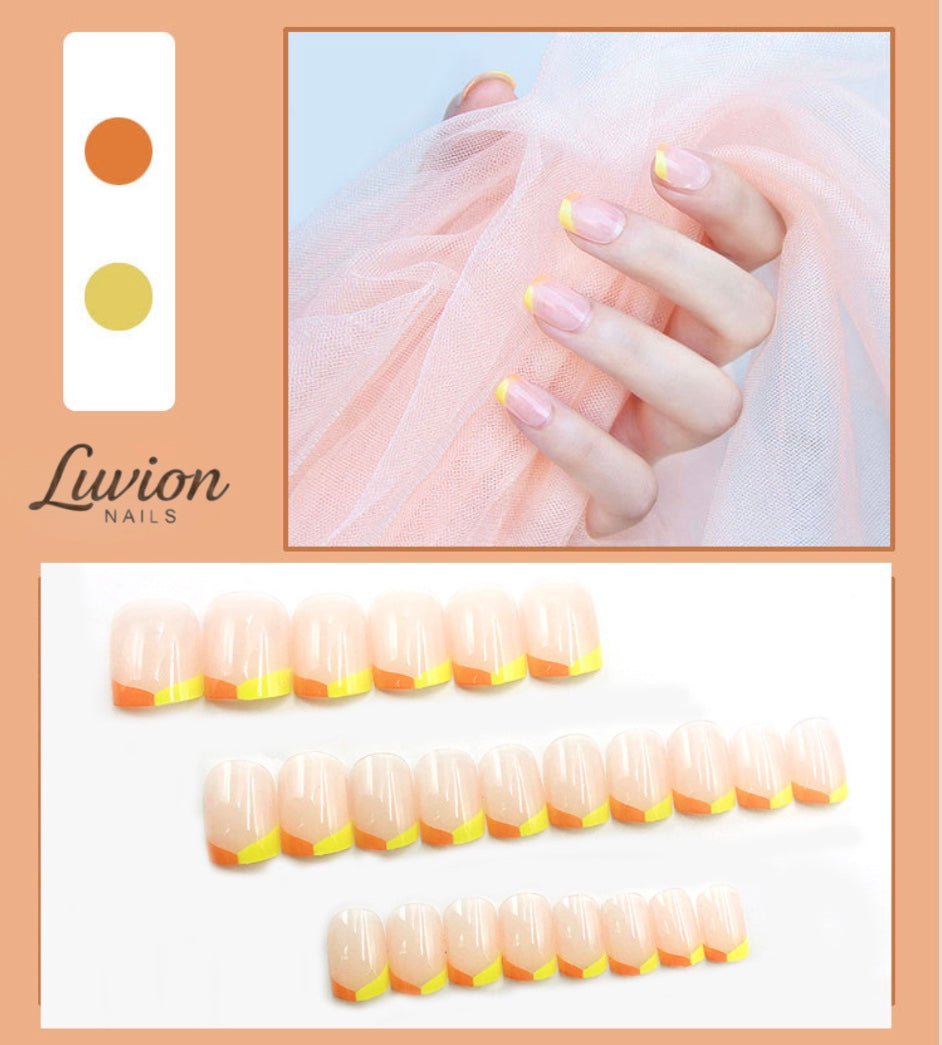 Luvion Nails Designer Series – Citrus Twist & Geometric French Luxury Press-On Nails (24 Pcs)