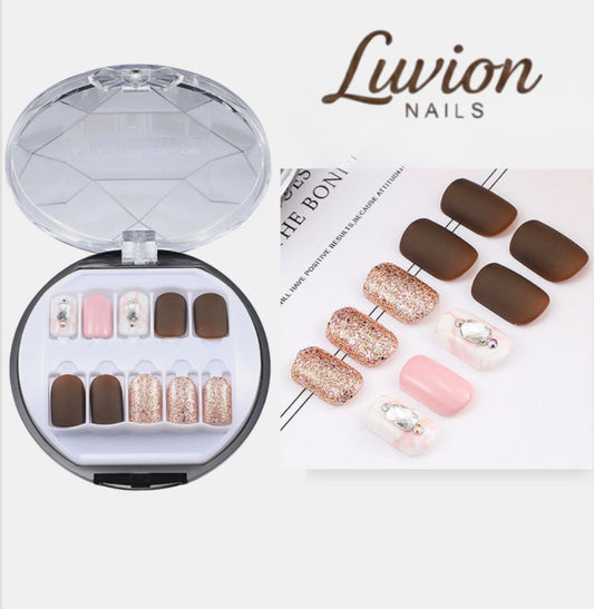 Luvion Nails Designer Series – Velvet Espresso & Rose Quartz Luxury Press-On Nails (24 Pcs)