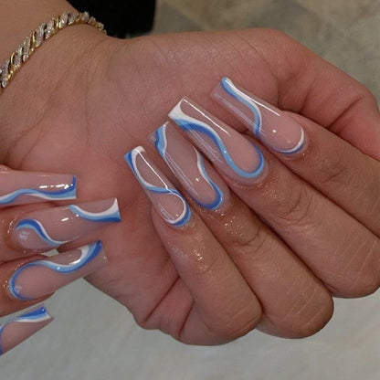 Luvion Nails Premium Press-On Kit – Azure Ocean Swirl & Abstract Wave Art (24 Pcs)