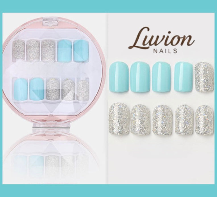 Luvion Nails Premium Press-On Nail Kit – Icy Baby Blue & Silver Holographic Shimmer (30 Pcs)