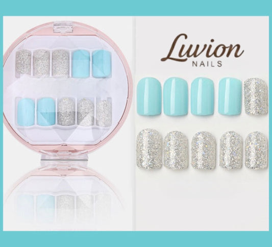 Luvion Nails Premium Press-On Nail Kit – Icy Baby Blue & Silver Holographic Shimmer (30 Pcs)