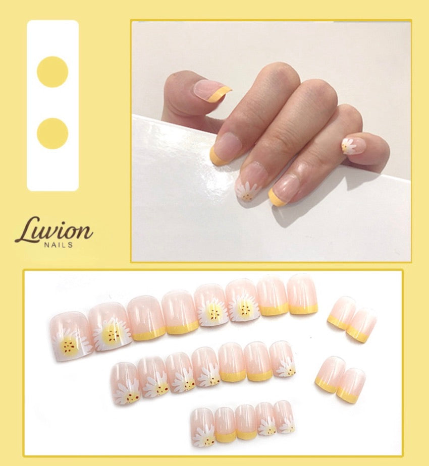 Luvion Nails Designer Series – Daisy Bloom & Sunshine Yellow Luxury Press-On Nails (24 Pcs)