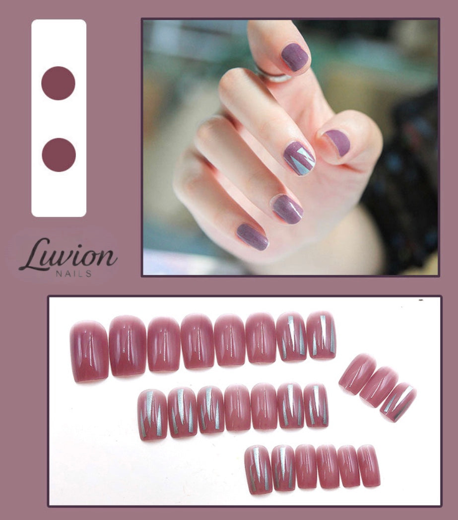 Luvion Nails Designer Series – Dusty Rose & Silver Shard Luxury Press-On Nails (24 Pcs)