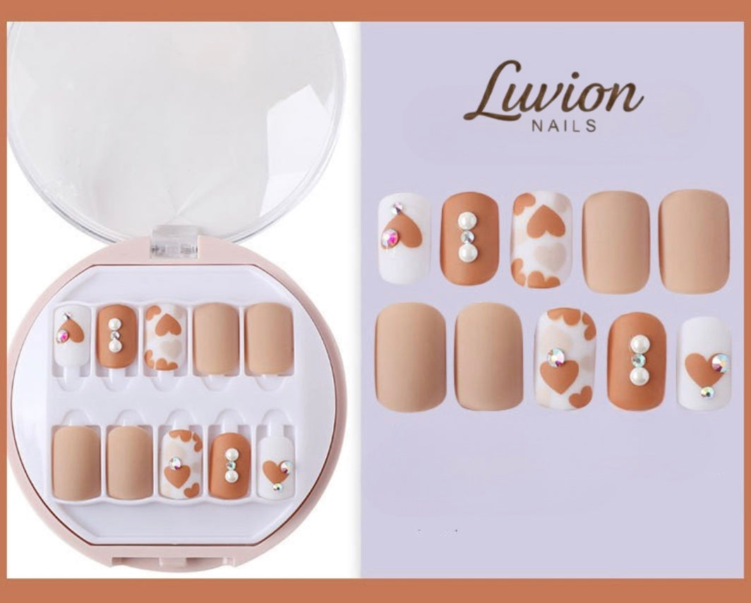Luvion Nails Premium Press-On Nail Kit – Romantic Heart & Pearl Infused Nude (30 Pcs)