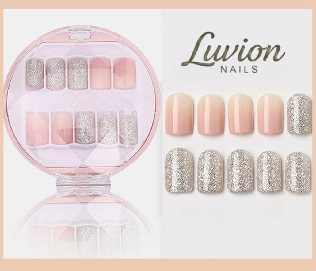 Luvion Nails Designer Series – Soft Gradient & Silver Sparkle Luxury Press-On Nails (24 Pcs)