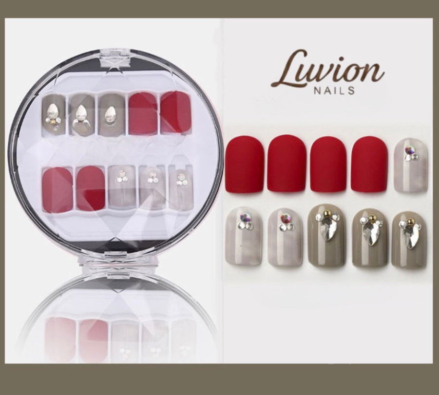 Luvion Nails Premium Press-On Nail Kit – Crimson Matte & Marble Crystal Queen (30 Pcs)