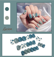 Luvion Nails Designer Series – Sage Garden & Slate Blue Floral Luxury Press-On Nails (24 Pcs)