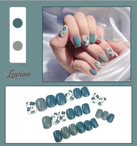 Luvion Nails Designer Series – Sage Garden & Slate Blue Floral Luxury Press-On Nails (24 Pcs)