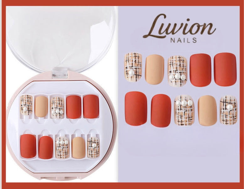 Luvion Nails Premium Press-On Nail Kit – Parisian Tweed & Pearl Matte Crimson (30 Pcs)