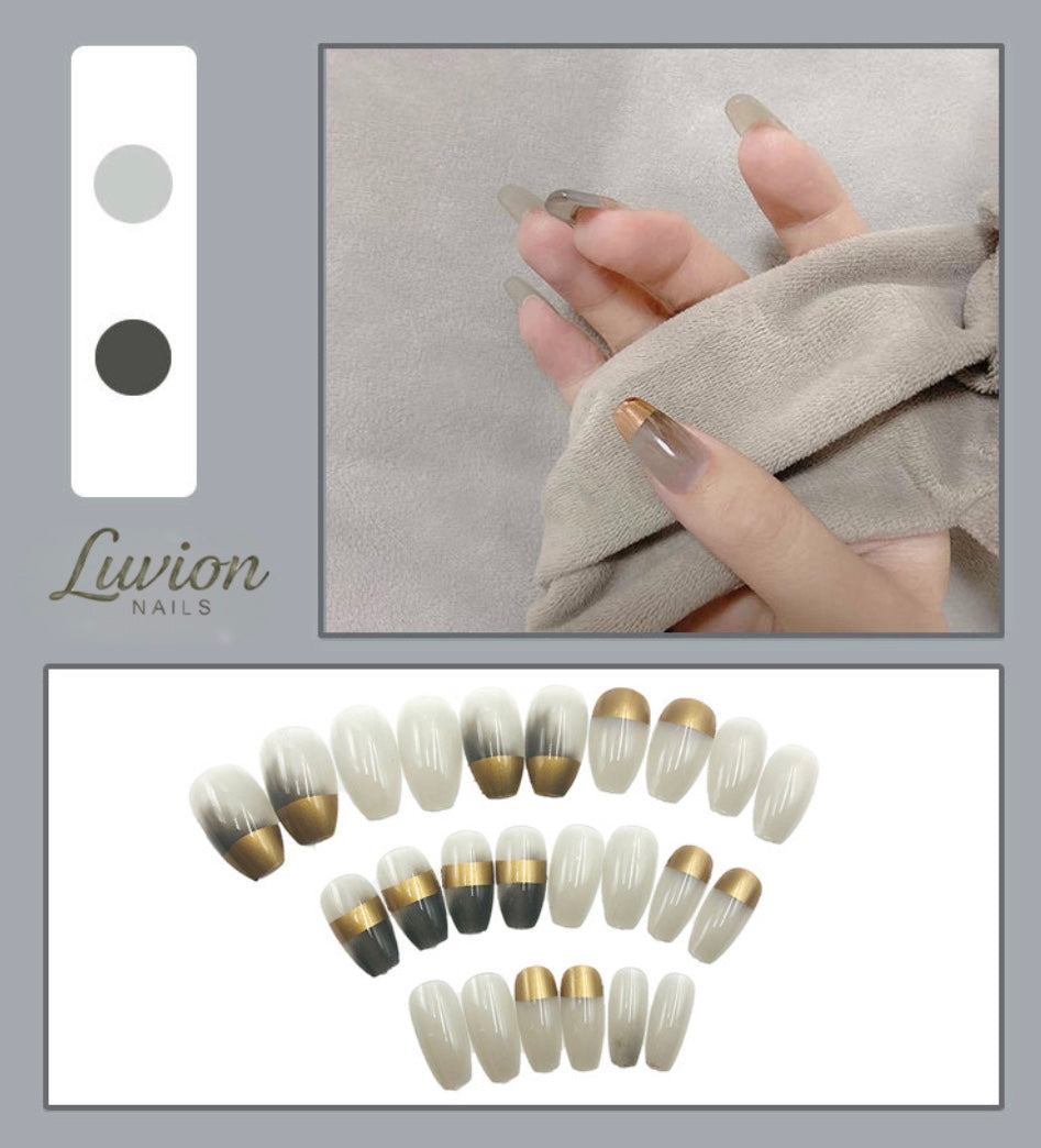Luvion Nails Designer Series – Graphite Ombre & Molten Gold Luxury Press-On Nails (24 Pcs)