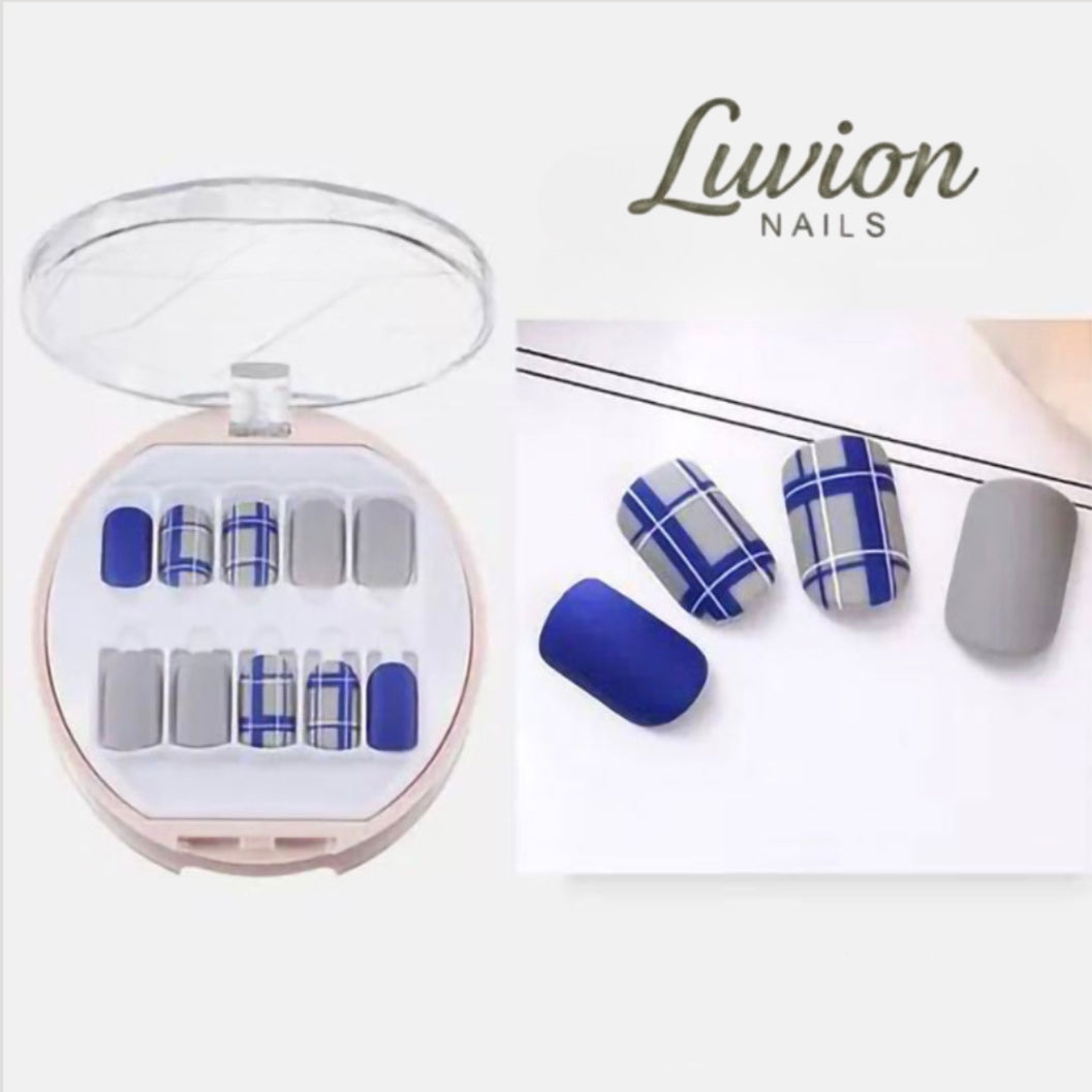 Luvion Nails Designer Series – Arctic Plaid & Cobalt Matte Luxury Press-On Nails (24 Pcs)