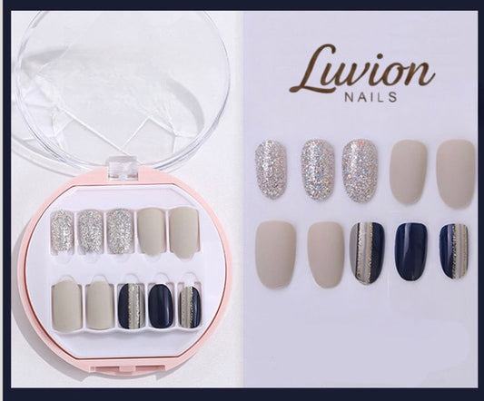 Luvion Nails Premium Press-On Nail Kit – Midnight Navy & Silver Starlight (30 Pcs)
