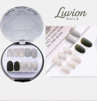Luvion Nails Premium Press-On Nail Kit – Emerald Green Marble & Gold Glitter (30 Pcs)