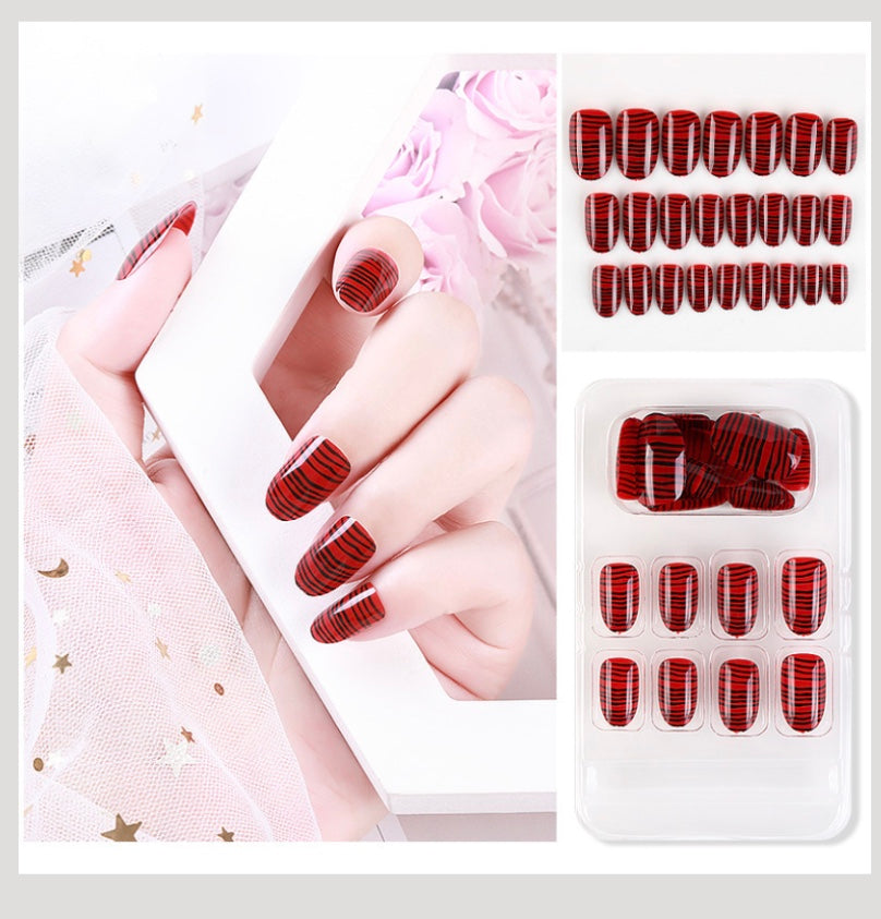 Luvion Nails Premium Press-On Kit – Ebony Tiger Stripe & Bold Crimson Gloss (24 Pcs)