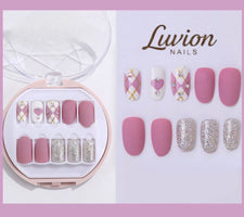 Luvion Nails Premium Press-On Nail Kit – Pink Diamond Quilt & Silver Shimmer (30 Pcs)