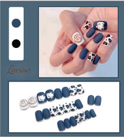 Luvion Nails Designer Series – Midnight Blue Matte & Playful Character Luxury Press-On Nails (24 Pcs)