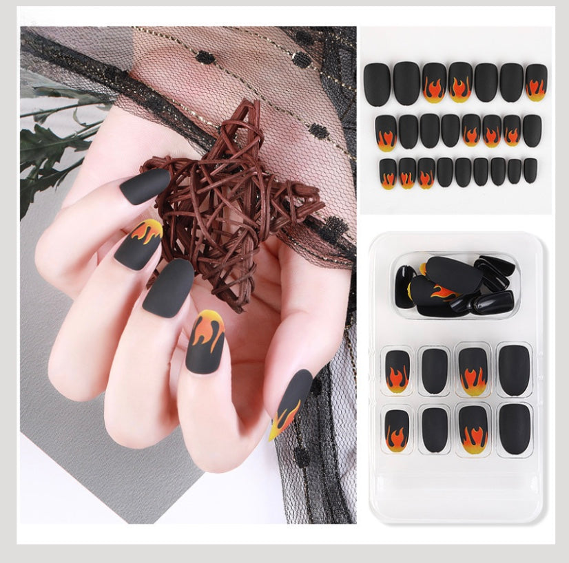 Luvion Nails Premium Press-On Kit – Midnight Ember Matte & Fiery Flame Art (24 Pcs)