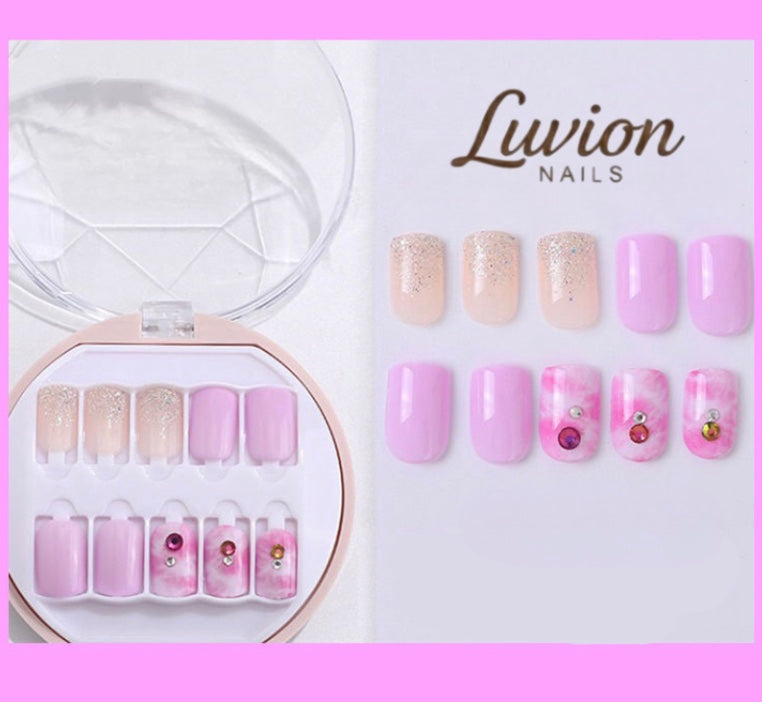 Luvion Nails Premium Press-On Nail Kit – Candy Pink Marble & Silver Aurora (30 Pcs)