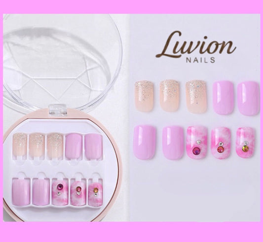 Luvion Nails Premium Press-On Nail Kit – Candy Pink Marble & Silver Aurora (30 Pcs)