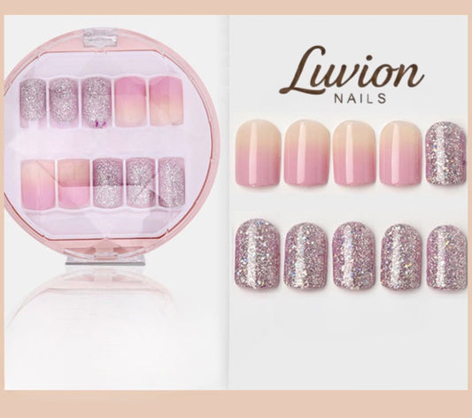 Luvion Nails Premium Press-On Nail Kit – Pink Sunset Ombre & Radiant Rose Glitter (30 Pcs)
