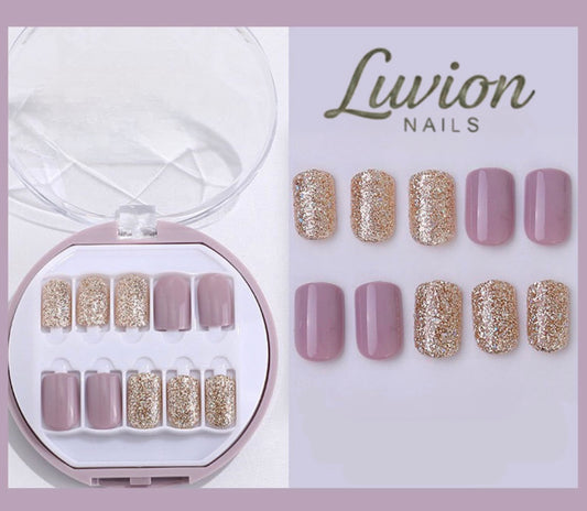 Luvion Nails Designer Series – Mauve Muse & Champagne Glitter Luxury Press-On Nails (24 Pcs)