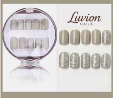 Luvion Nails Premium Press-On Nail Kit – Modern Taupe & Silver Diamond Shimmer (30 Pcs)