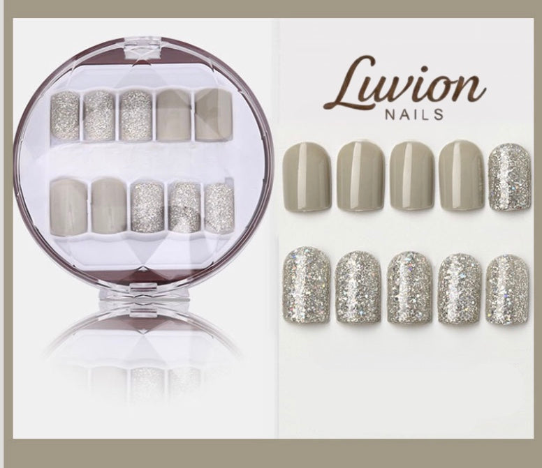 Luvion Nails Premium Press-On Nail Kit – Modern Taupe & Silver Diamond Shimmer (30 Pcs)